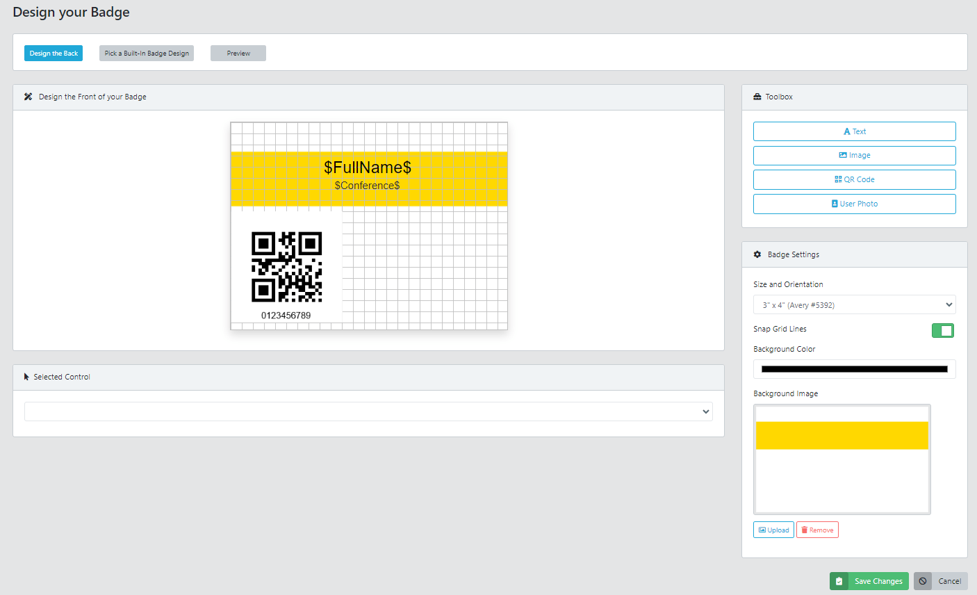 Conference Tracker badge designer with text, image, QR code, and user photo tools and an Avery 5392 size preset