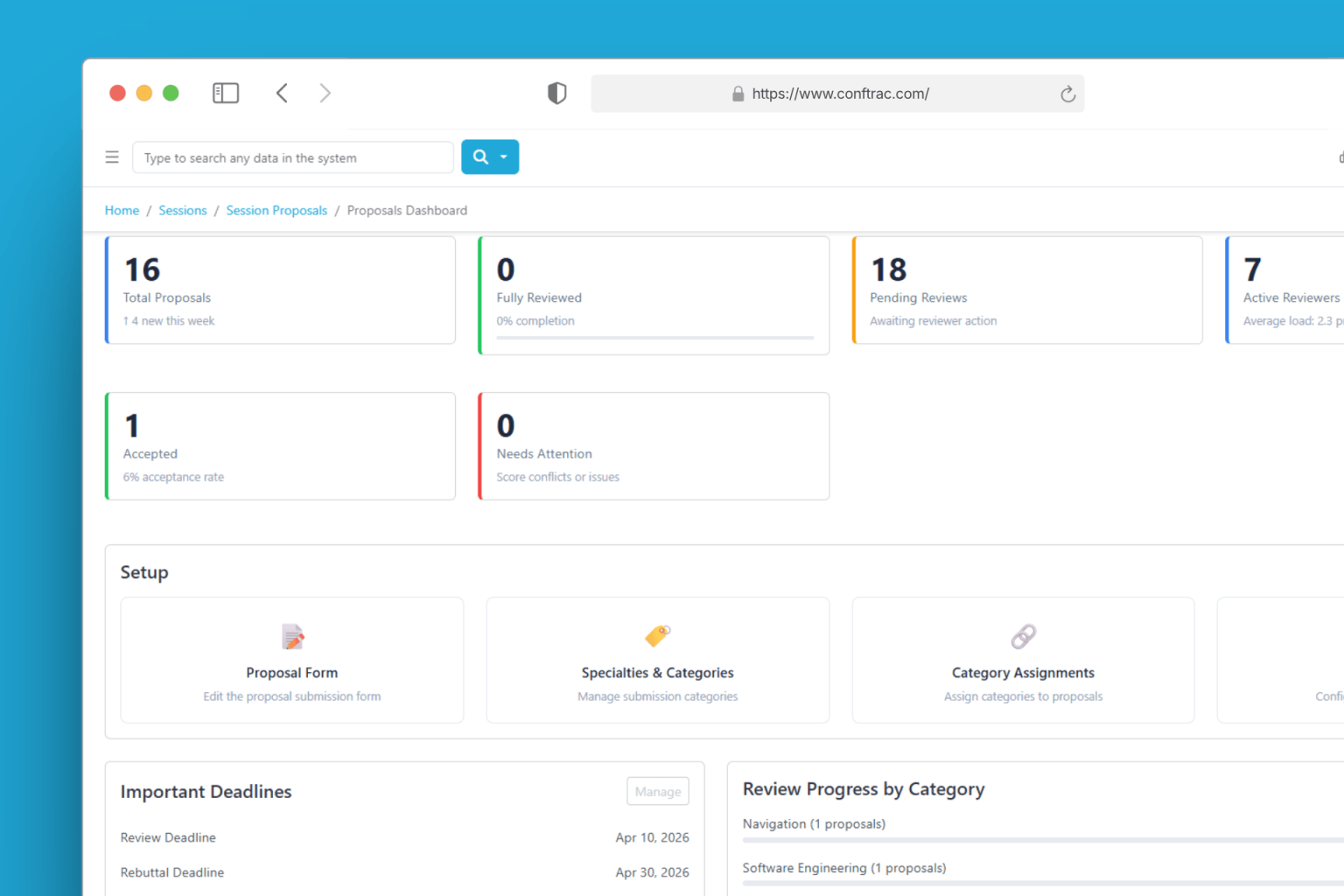 Session proposals dashboard in Conference Tracker showing review progress and deadlines