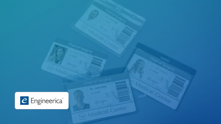 Blue-tinted hero image featuring faint medical ID badges scattered on a blue background, with an Engineeria logo in a white rounded rectangle bottom-left.