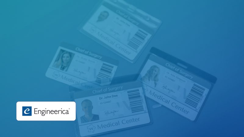 Blue-tinted hero image featuring faint medical ID badges scattered on a blue background, with an Engineeria logo in a white rounded rectangle bottom-left.